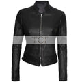 Women's Cafe Racer Motorcycle Leather Jacket, Stand Collar, Front Zipper | Black