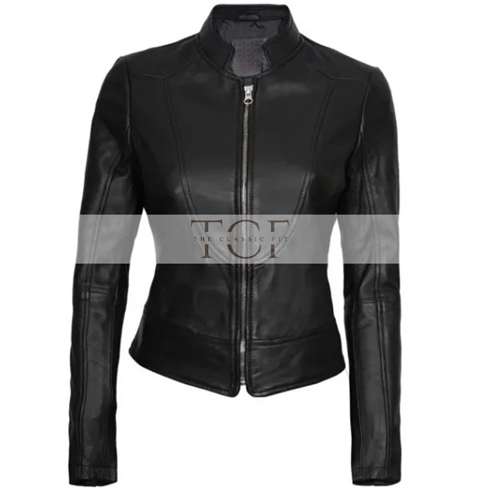 Women's Cafe Racer Motorcycle Leather Jacket, Stand Collar, Front Zipper | Black