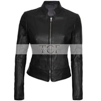 Women's Cafe Racer Motorcycle Leather Jacket, Stand Collar, Front Zipper | Black