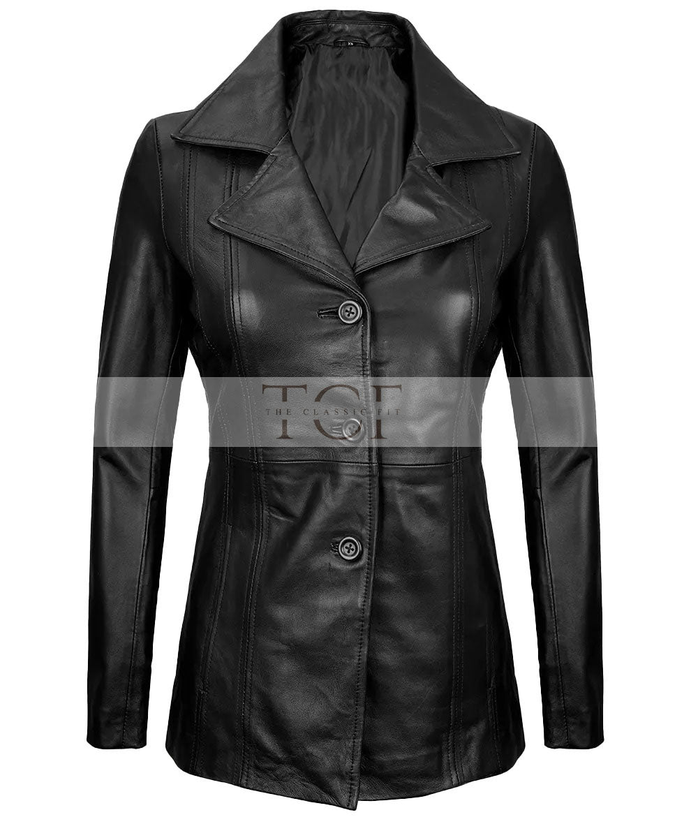 Women's 3/4 Length Genuine Leather Coat | Black
