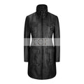 Women's Long Leather Coat, High Neck, Multiple Pockets, Full Zip Front | Black