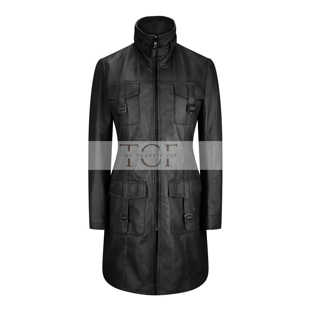 Women's Long Leather Coat, High Neck, Multiple Pockets, Full Zip Front | Black