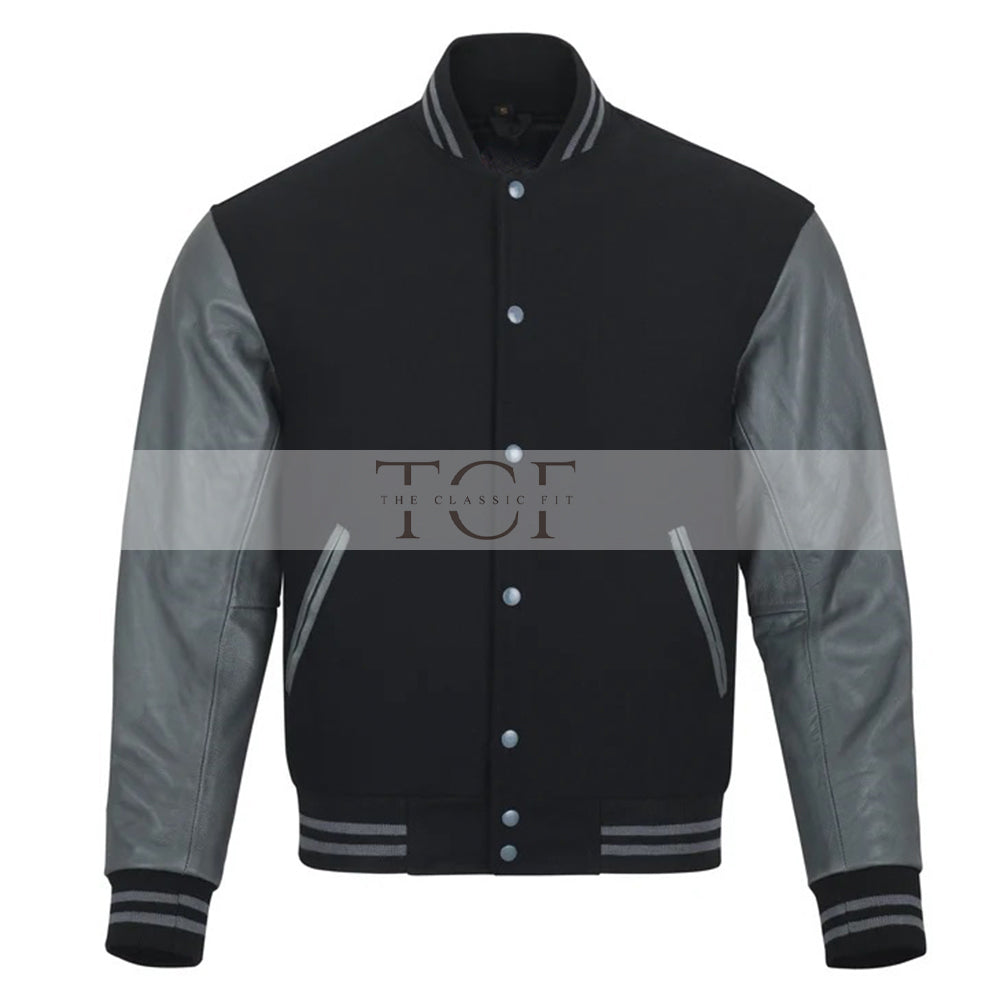 Men's Bomber Leather Jacket | Black/Grey