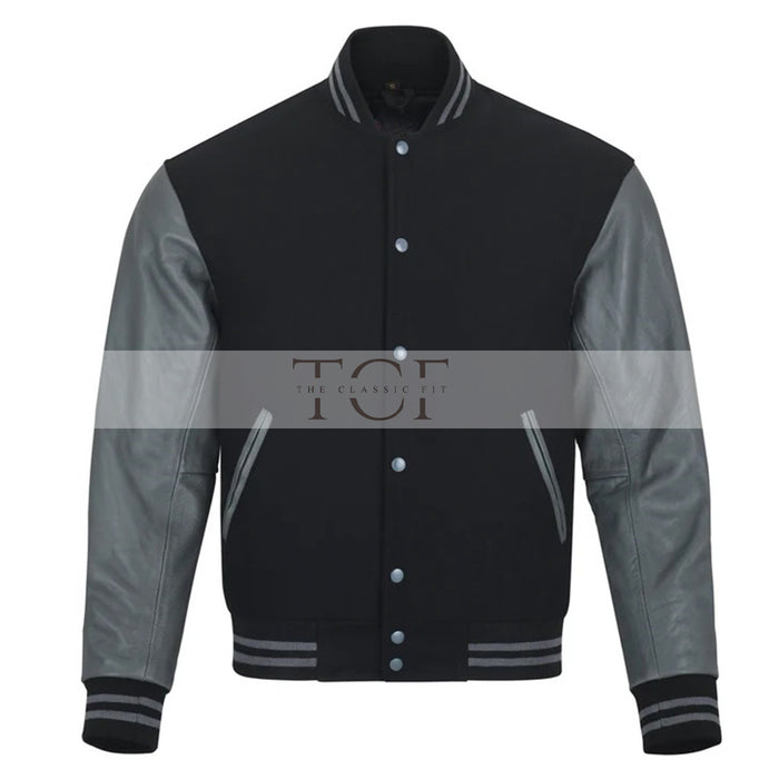Men's Bomber Leather Jacket | Black/Grey