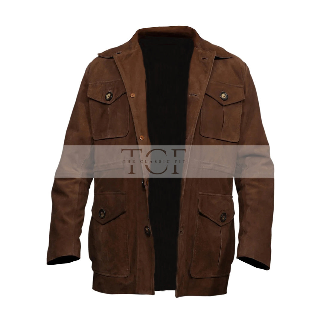 Men's Suede Leather Blazer Coat Multiple Pockets | Brown