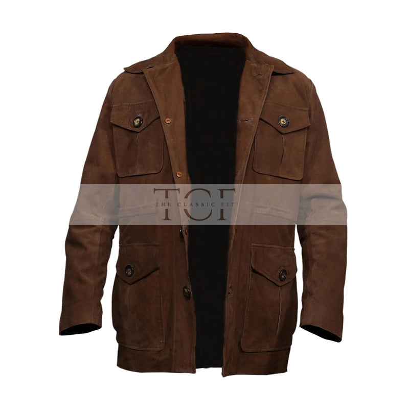 Men's Suede Leather Blazer Coat Multiple Pockets | Brown