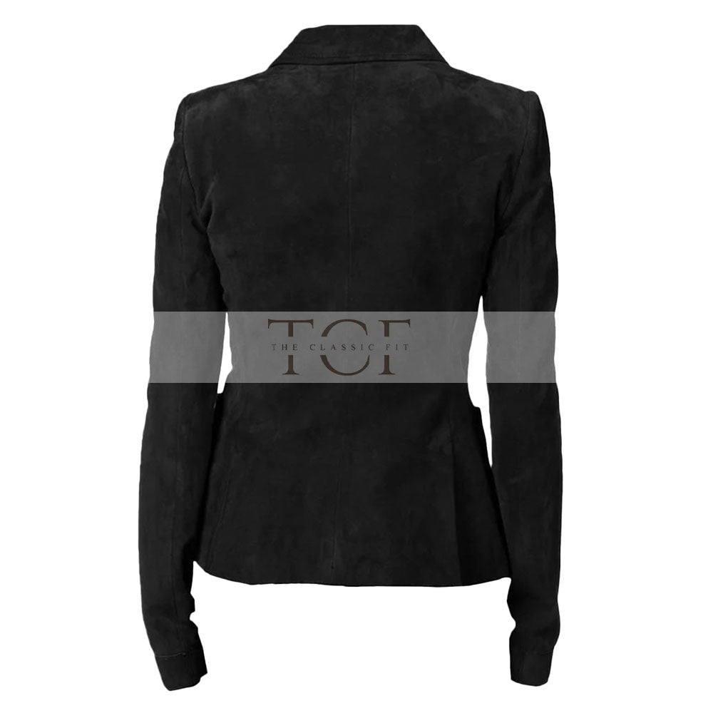 Women's Suede Leather Formal Business Double Breasted Jacket, Notched Lapel Collar | Black