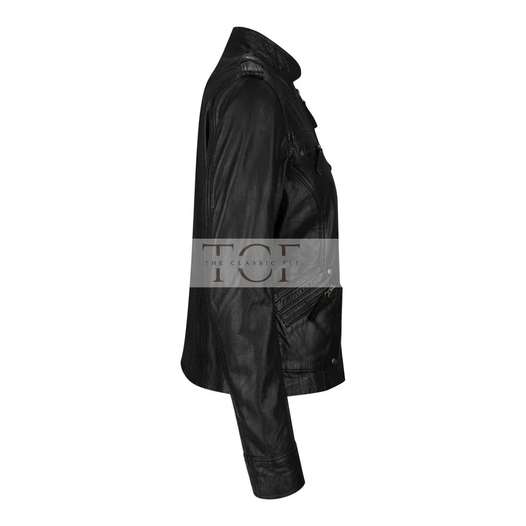 Women's Leather Motorcycle Jacket Multiple Zip Pockets Stand Collar | Black
