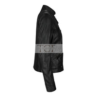 Women's Leather Motorcycle Jacket Multiple Zip Pockets Stand Collar | Black