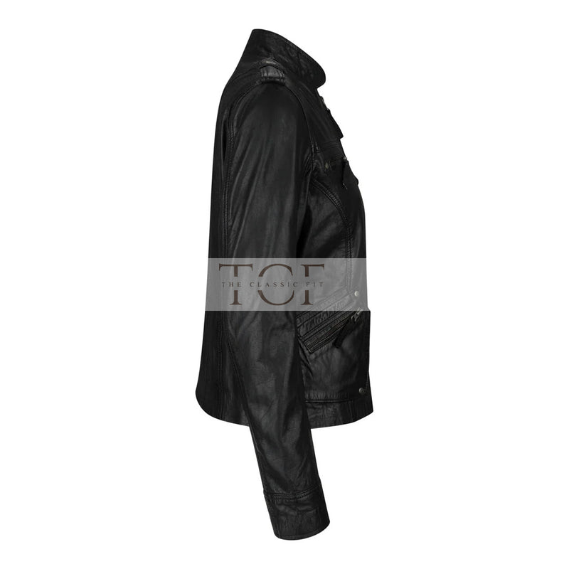 Women's Leather Motorcycle Jacket Multiple Zip Pockets Stand Collar | Black