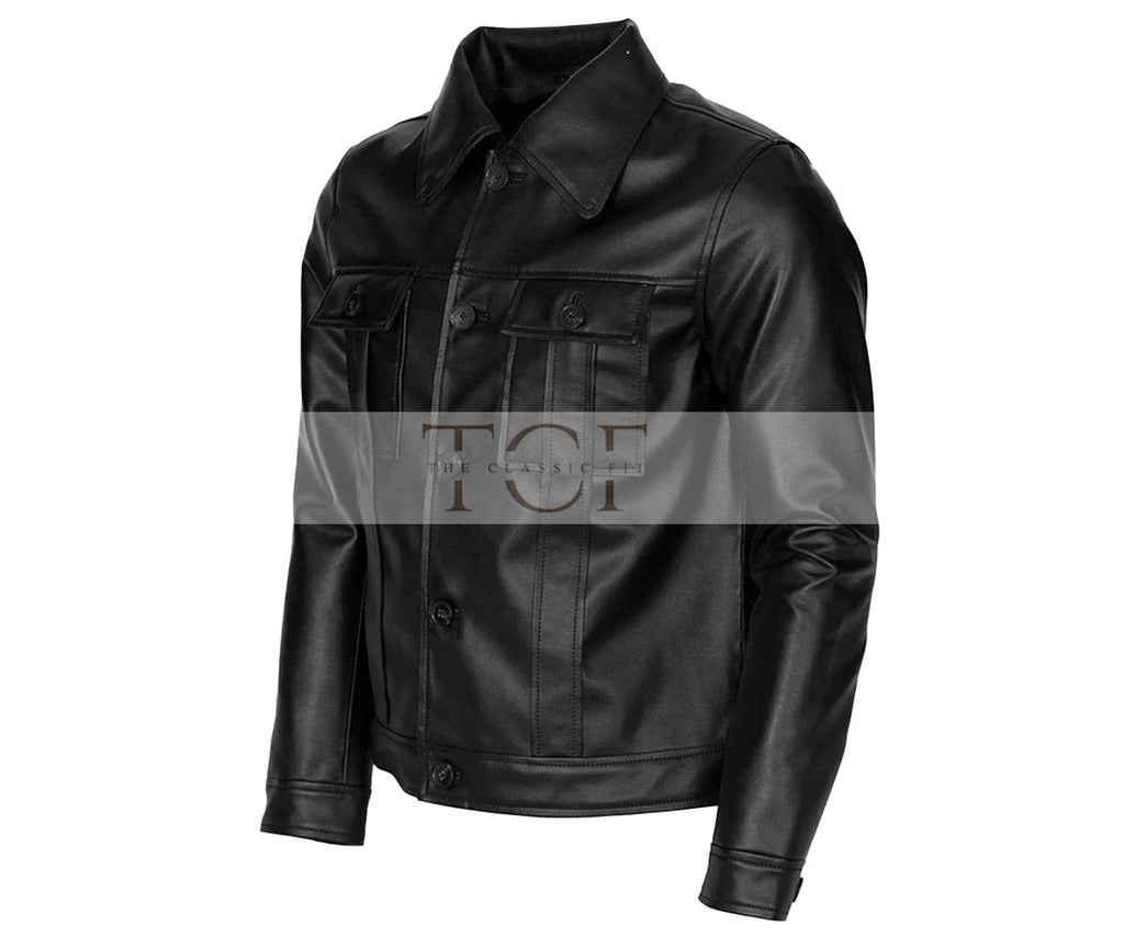 Men's Motorcycle Trucker Style Leather Jacket | Black