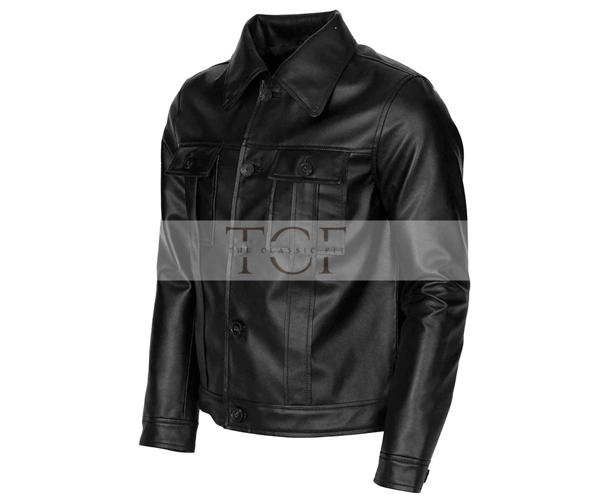 Men's Motorcycle Trucker Style Leather Jacket | Black
