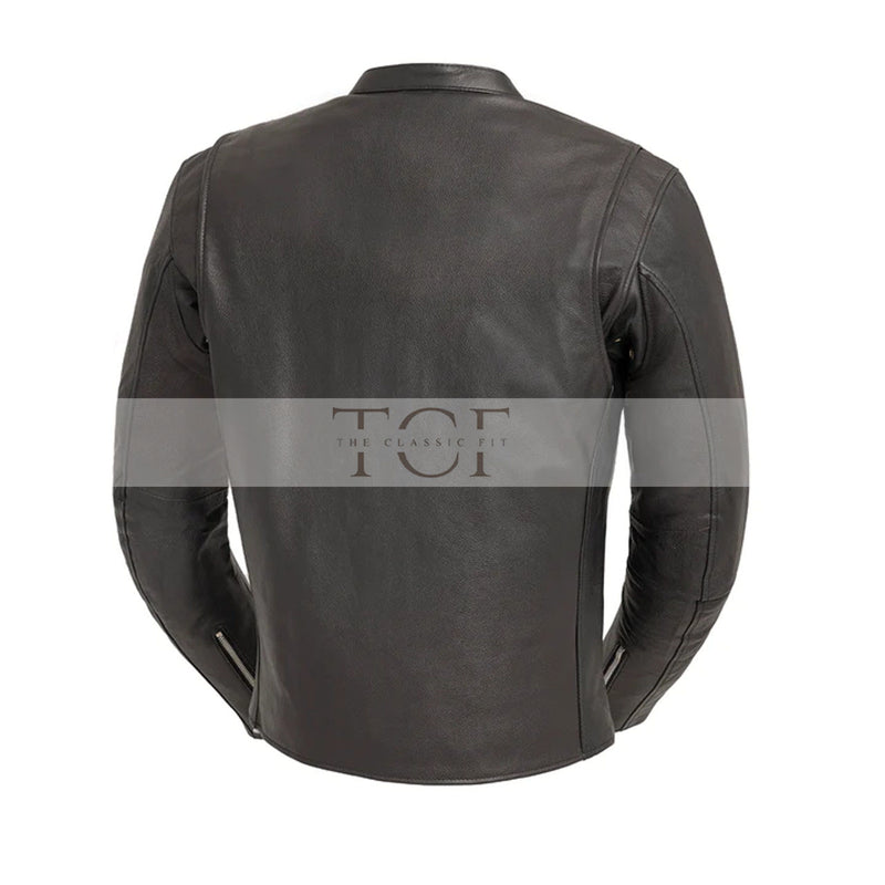 Men's  Leather Motorcycle Jacket with Zipper Closure | Black