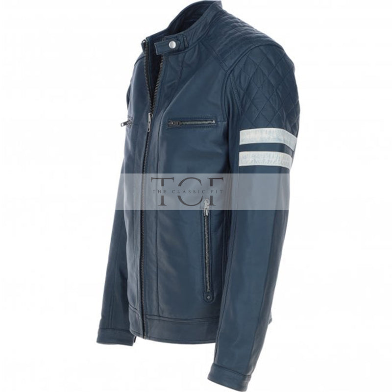 Men's Leather Motorcycle Jacket with Quilted Shoulder & White Stripes | Blue & Black