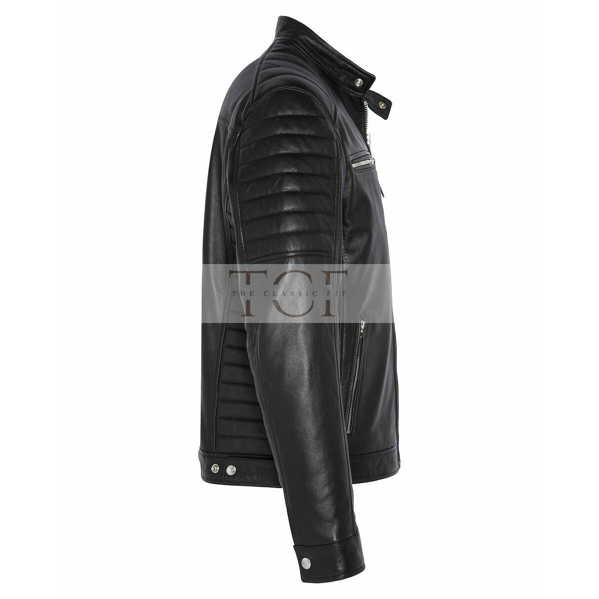 Men's  Leather Jacket with Zippers and Quilted Shoulder | Black
