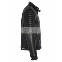 Men's  Leather Jacket with Zippers and Quilted Shoulder | Black
