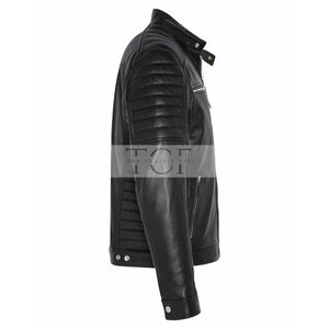 Men's  Leather Jacket with Zippers and Quilted Shoulder | Black