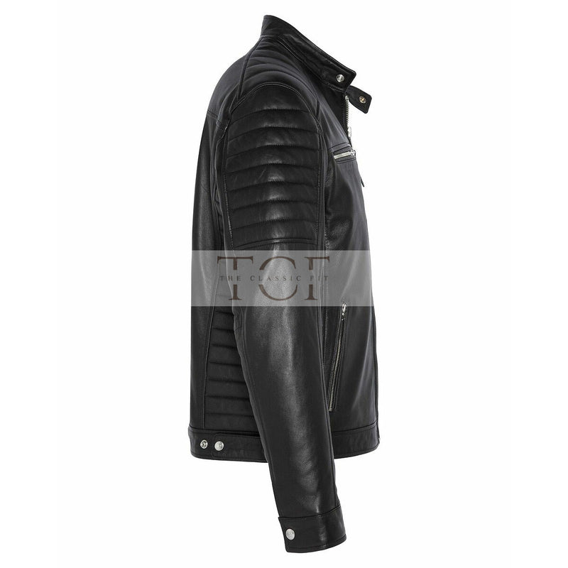 Men's  Leather Jacket with Zippers and Quilted Shoulder | Black