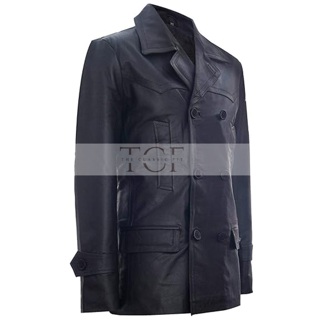 Men's Dr Who Christopher 9th Dr Cosplay Coat, Double Breasted, German Naval, Leather Jacket | Black