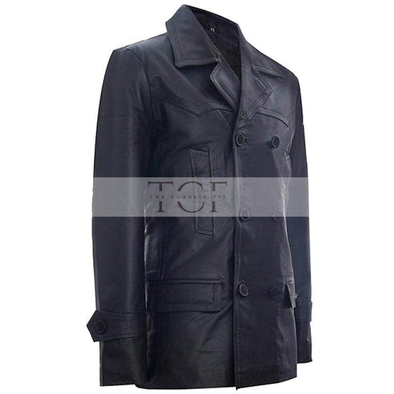 Men's Dr Who Christopher 9th Dr Cosplay Coat, Double Breasted, German Naval, Leather Jacket | Black