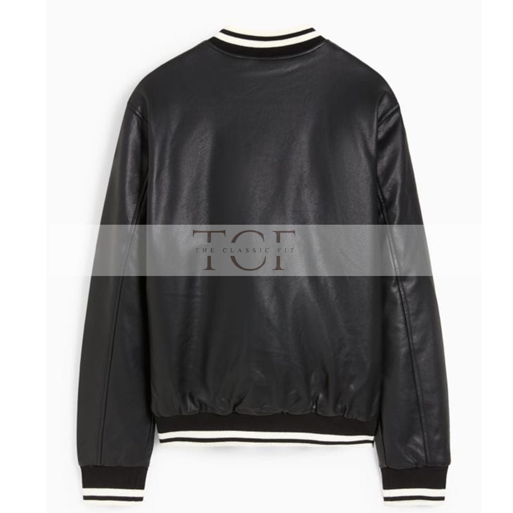 Men's Faux Leather Bomber Varsity Jacket, two side pockets, Black (Also Available in Real Leather) | Black