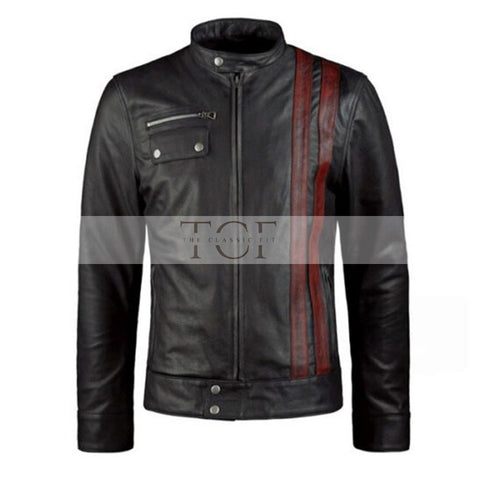 Men's Leather Biker Jacket with Red Stripes, Zip Front | Black