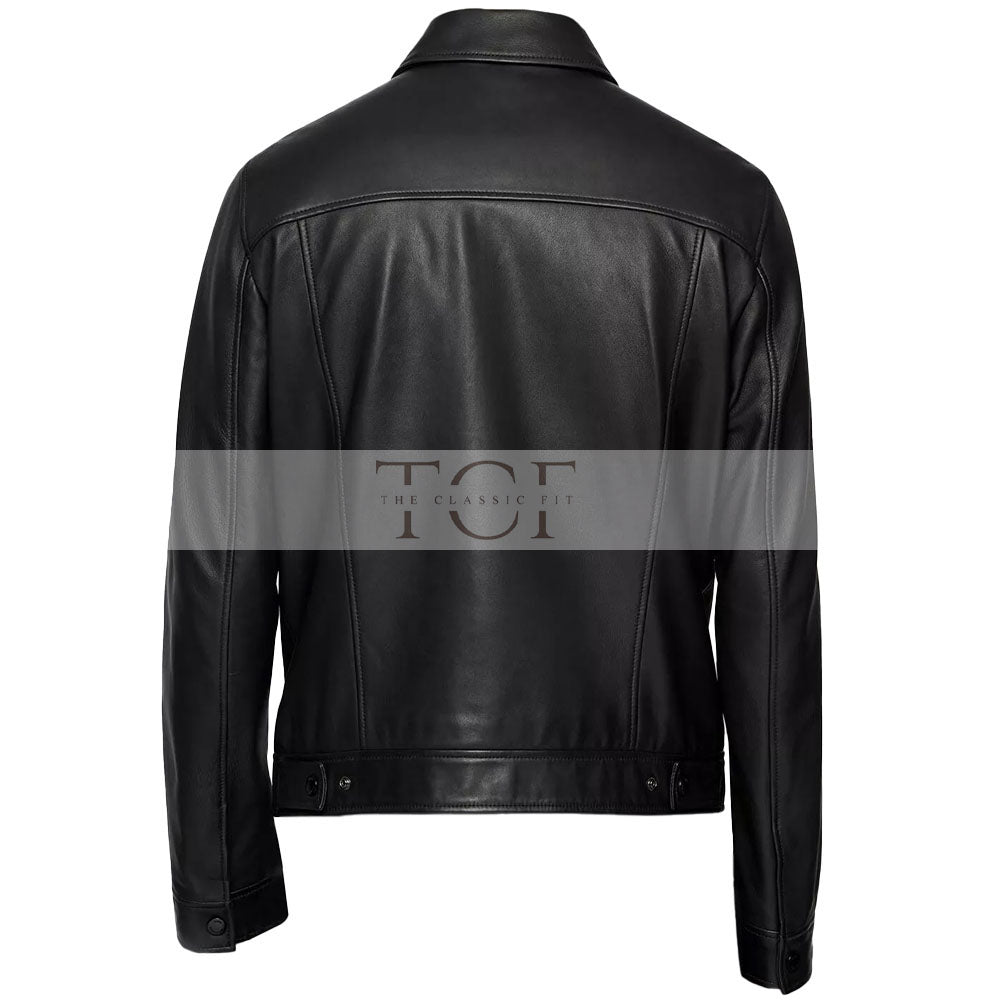 Men's Trucker Faux Leather Jacket, Button Closure, Two Pockets (Also Available in Real Leather) | Black