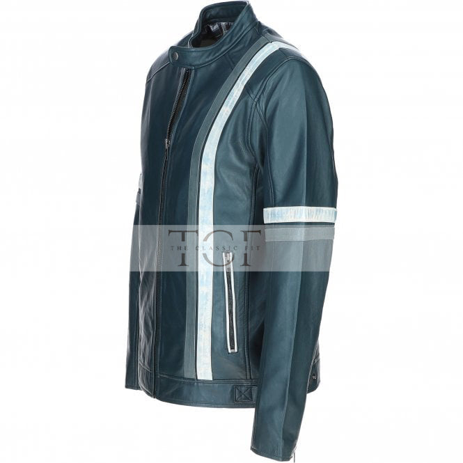 Men's Motorcycle Leather Jacket Gray & White Stripes | Blue & Black