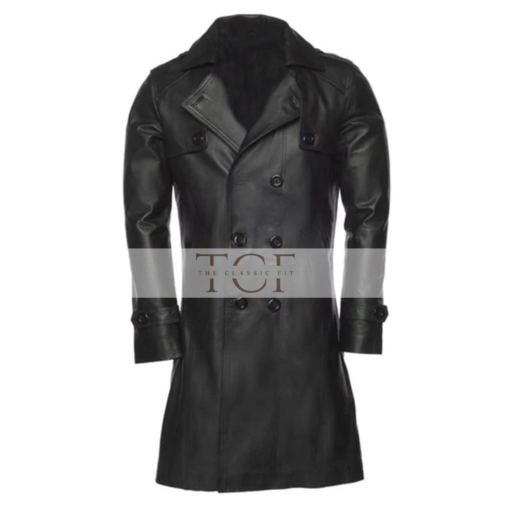 Mens Double Breasted Leather Trench Coat | Black
