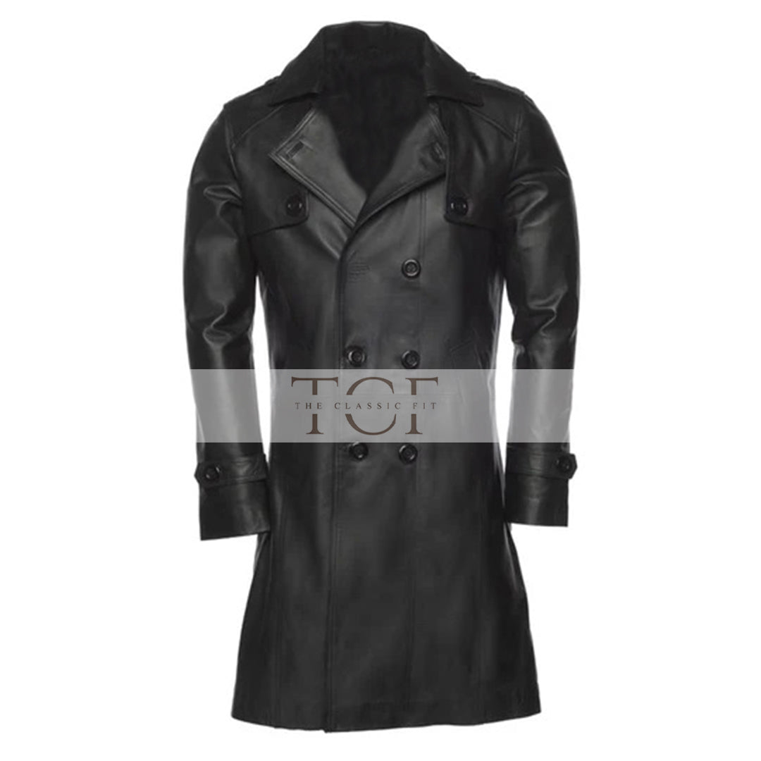 Mens Double Breasted Leather Trench Coat | Black