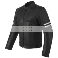 Men's Motor Cycle Leather Jacket with white Stripes Black Shoulders | Black