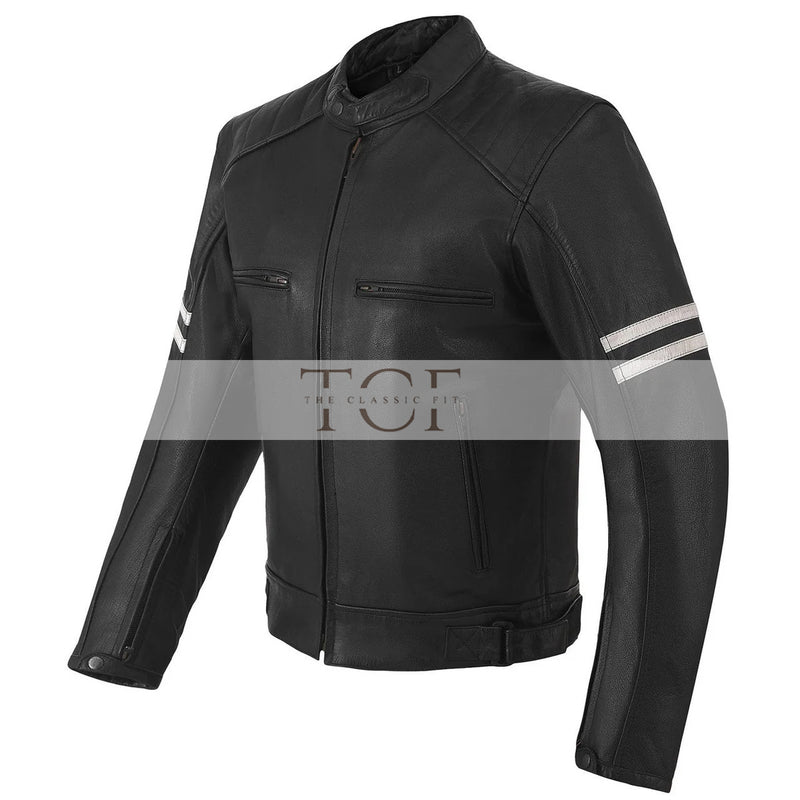 Men's Motor Cycle Leather Jacket with white Stripes Black Shoulders | Black