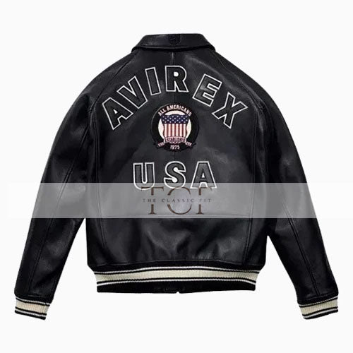 Men's Avirex Real Leather Jacket, Black Flight Bomber, American Varsity Style | Black