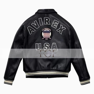Men's Avirex Real Leather Jacket, Black Flight Bomber, American Varsity Style | Black