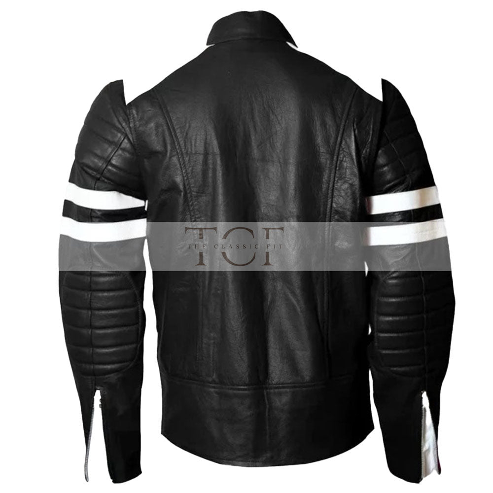 Men's Retro Cafe Racer Leather Jacket, Classic Fit, with White Stripes | Black