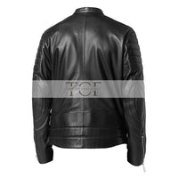 Men's Motorcycle Style Leather Jacket Quilted Sleeves Full Zip Front Multiple Pockets | Black