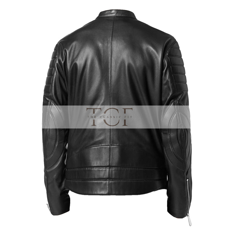 Men's Motorcycle Style Leather Jacket Quilted Sleeves Full Zip Front Multiple Pockets | Black