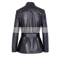 Women's Button Front Leather Jacket with Belt Stand Collar | Black