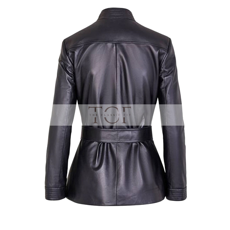 Women's Button Front Leather Jacket with Belt Stand Collar | Black