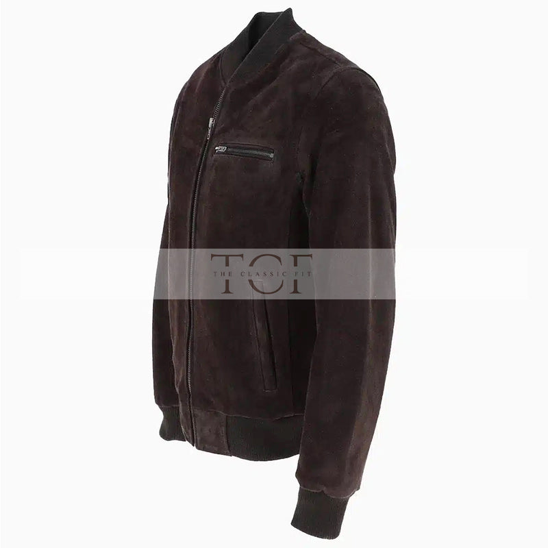 Men's Suede Bomber Jacket  Leather, Full Zip Front with Chest Pocket | Brown