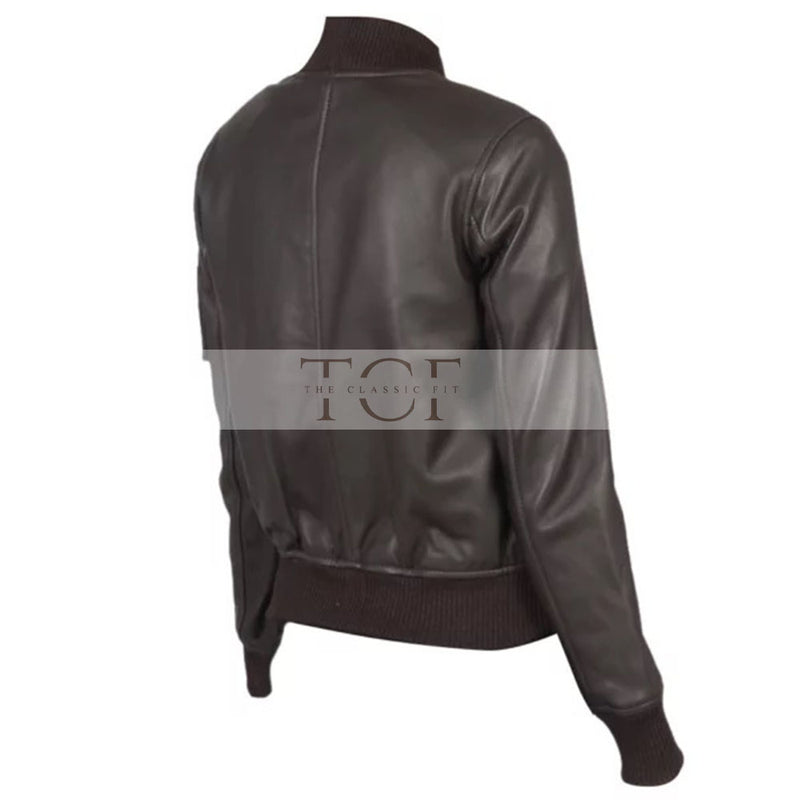 Women's Classy Bomber Biker Leather Jacket, Zip Front, Sleeve Pocket, YKK Zipper | Brown