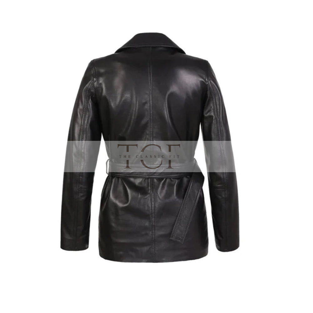 Women's Double-Breasted Leather Trench Coat, Belted Waist | Black