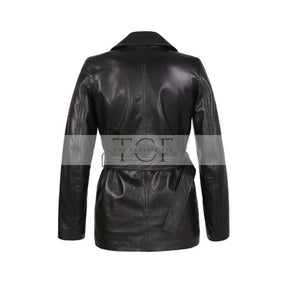 Women's Double-Breasted Leather Trench Coat, Belted Waist | Black