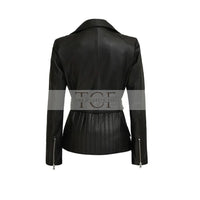 Women's Café Racer Leather Jacket, Belted Waist, Black, Asymmetrical Zip | Black