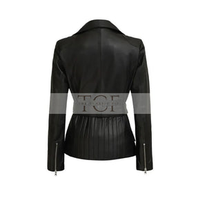 Women's Café Racer Leather Jacket, Belted Waist, Black, Asymmetrical Zip | Black