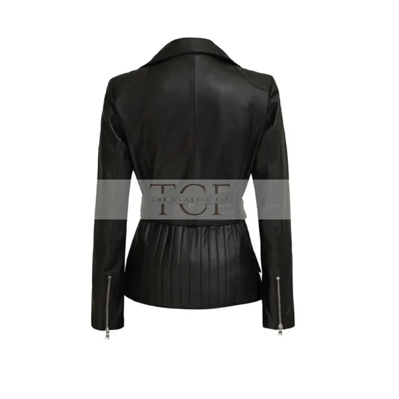 Women's Café Racer Leather Jacket, Belted Waist, Black, Asymmetrical Zip | Black