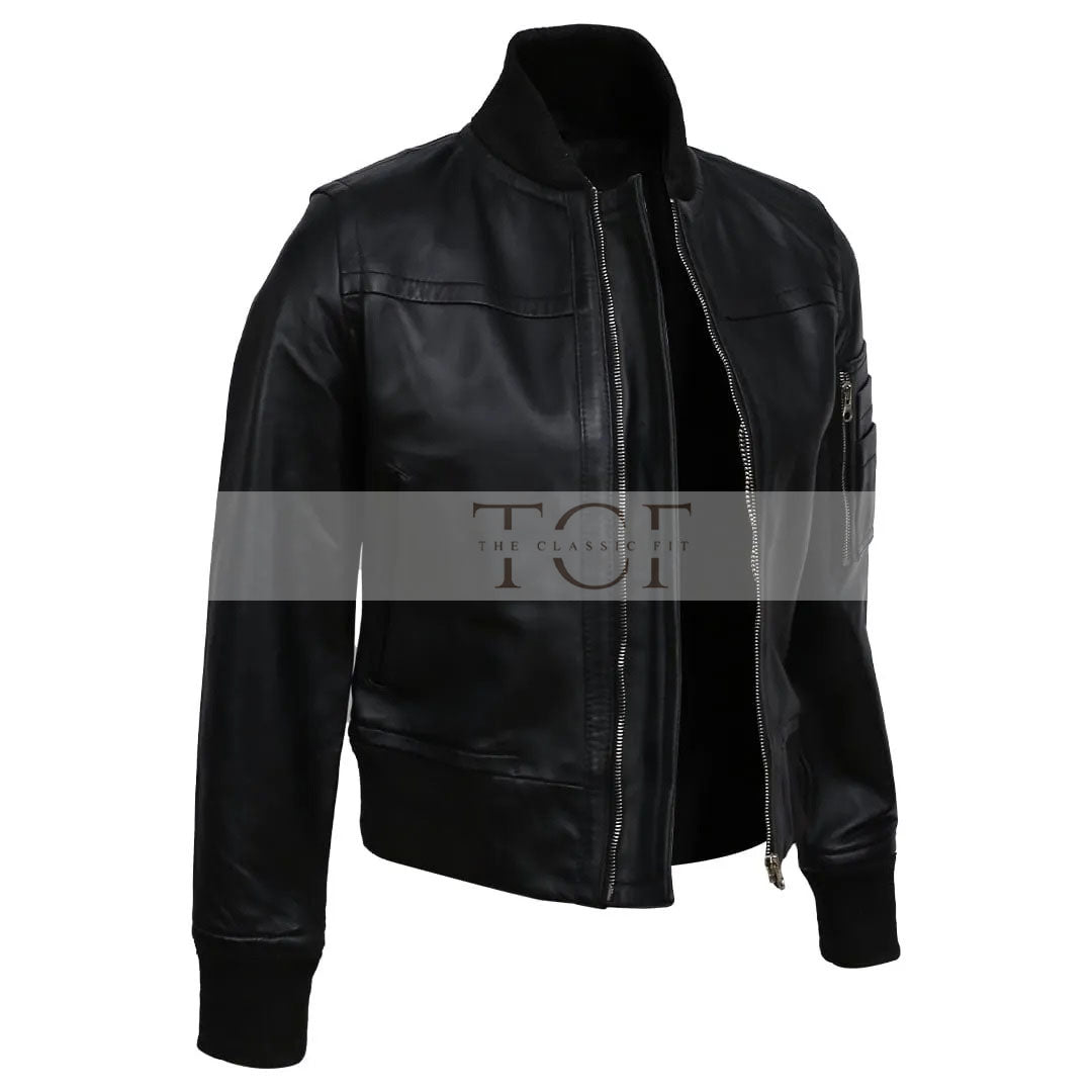 Women's Real Sheep Leather Motorcycle Bomber Jacket | Black