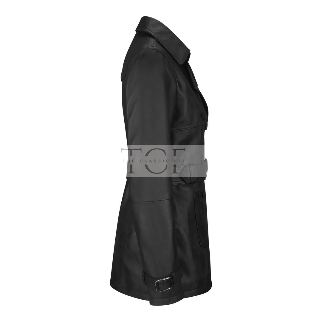 Women's Leather Belted Trench Car Coat | Black