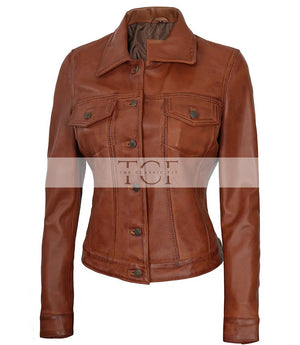 Women's Leather Harrington Moto Trucker Jacket | Brown