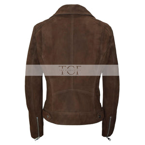 Women's Moto Biker Jacket Suede Leather, Asymmetrical Zip Front | Brown